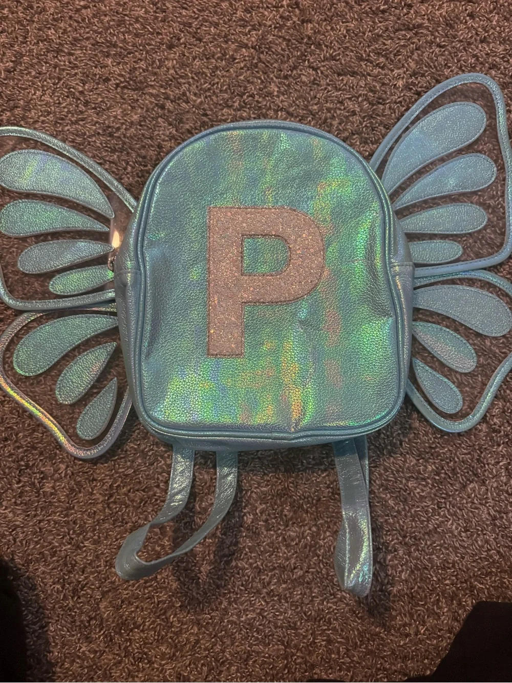 Kids Iridescent Blue Winged Backpack with Glitter 'P' Accent